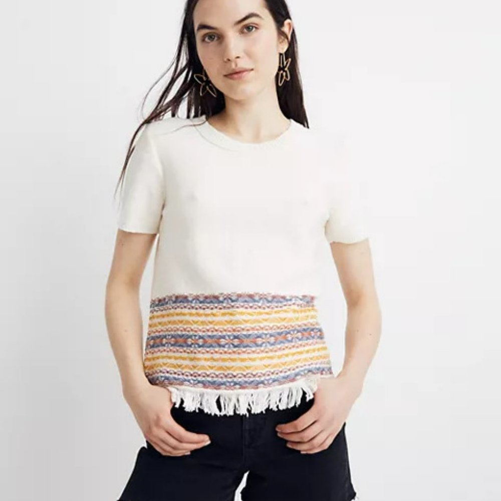 Madewell Fringed Sweater M Ivory Jacquard Knit Tee Short Sleeves Boho